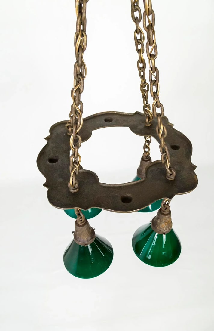 Arts & Crafts Hammered Darkened Metal Chandelier With Green Glass Shades - 8