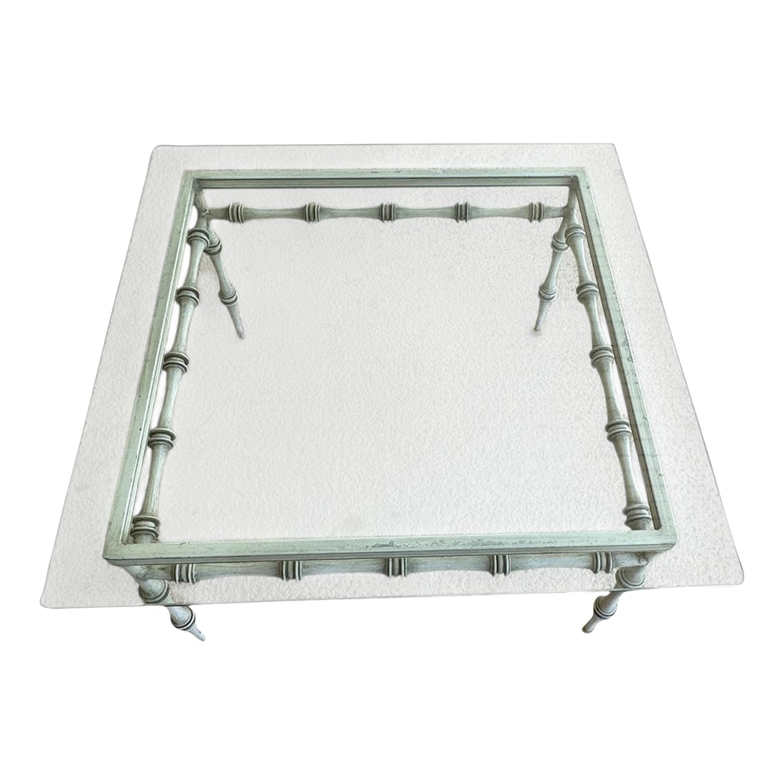 1960s Phyllis Morris Faux Bamboo Table, Attributed: Iconic Phyllis Morris outdoor table (see matching lounge chairs) for use indoor or out. Can be used as either a side table or center table. (glass top not included). Shown with a 36" glass top. A