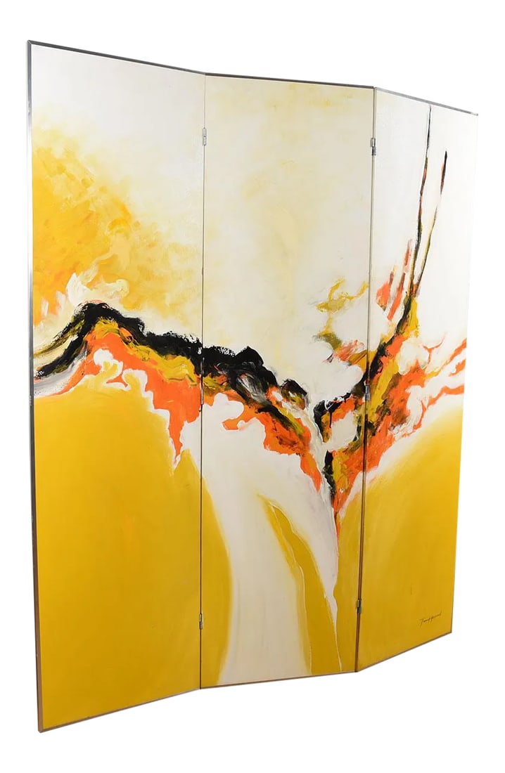 Tom Hayward Abstract MCM Painted Room Divider | Screen: Interesting tri-fold screen that has been painted in an abstract manner in yellow, orange, black and white. The image has quite a bit of movement to it and will add excitement to your Mid Century