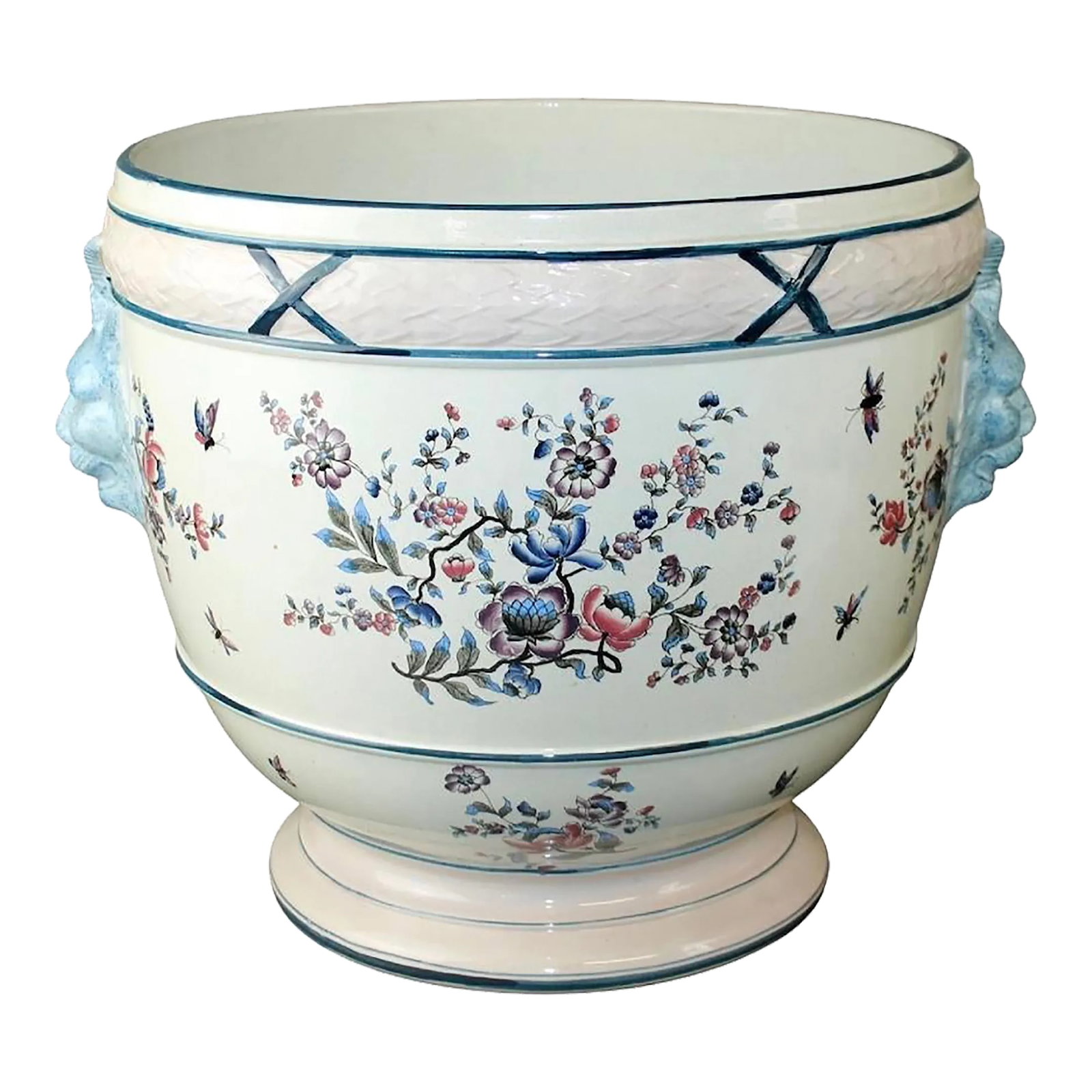 Antique Large French Floral & Satyr Cachepot: Antique large French ceramic floral cachepot with raised satyr masks. Early 20th century. Abstracted bound wheat sheath top frieze design. Marked "649, 9, tomhe, foe, France" on the underside. Conditi