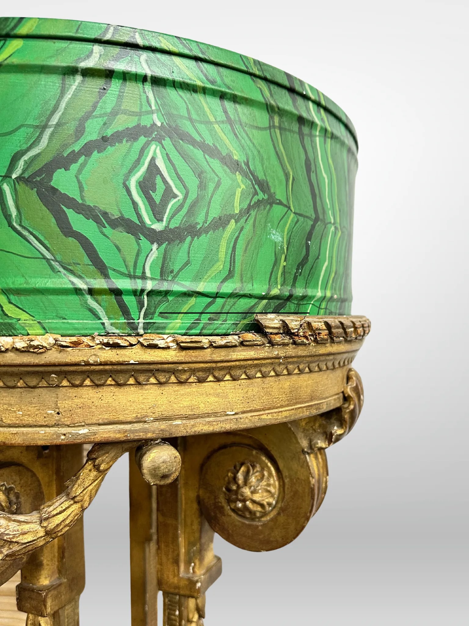 Louis XVI 19th Century Demilune Faux Malachite Tole Planters - a Pair - 12