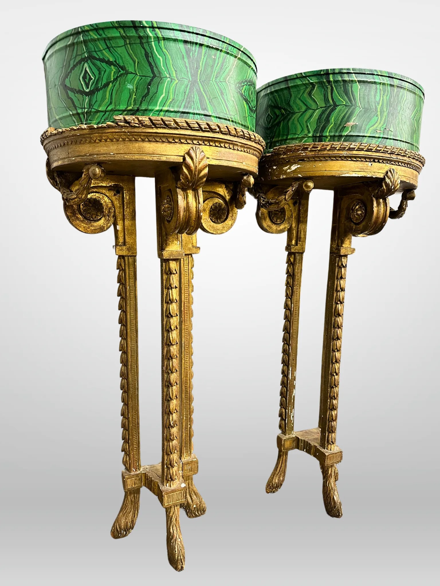 Louis XVI 19th Century Demilune Faux Malachite Tole Planters - a Pair - 2