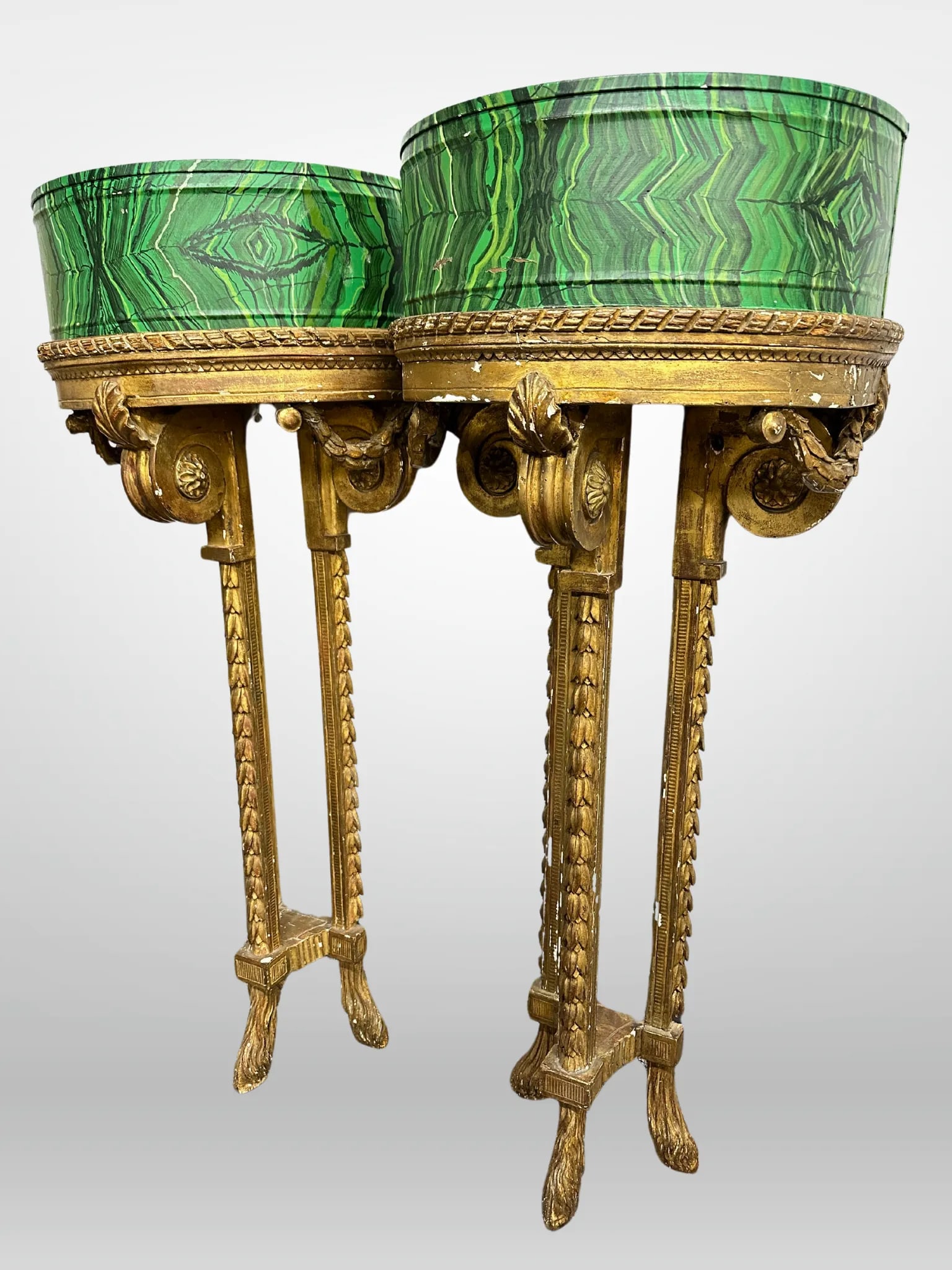 Louis XVI 19th Century Demilune Faux Malachite Tole Planters - a Pair - 3