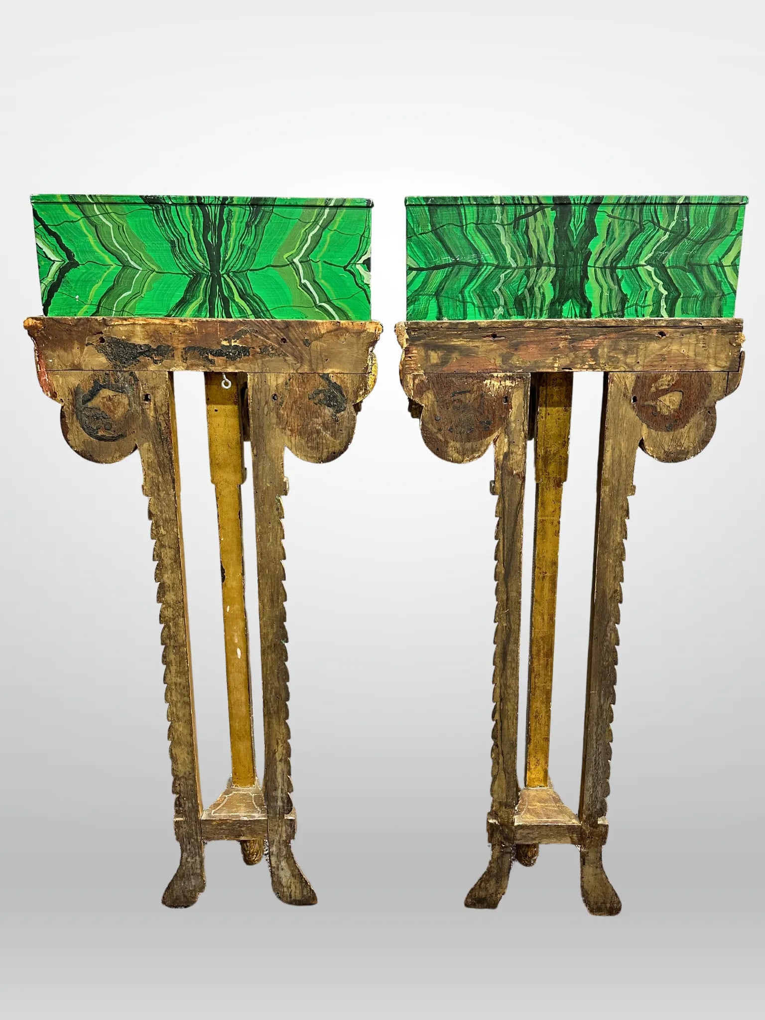 Louis XVI 19th Century Demilune Faux Malachite Tole Planters - a Pair - 4