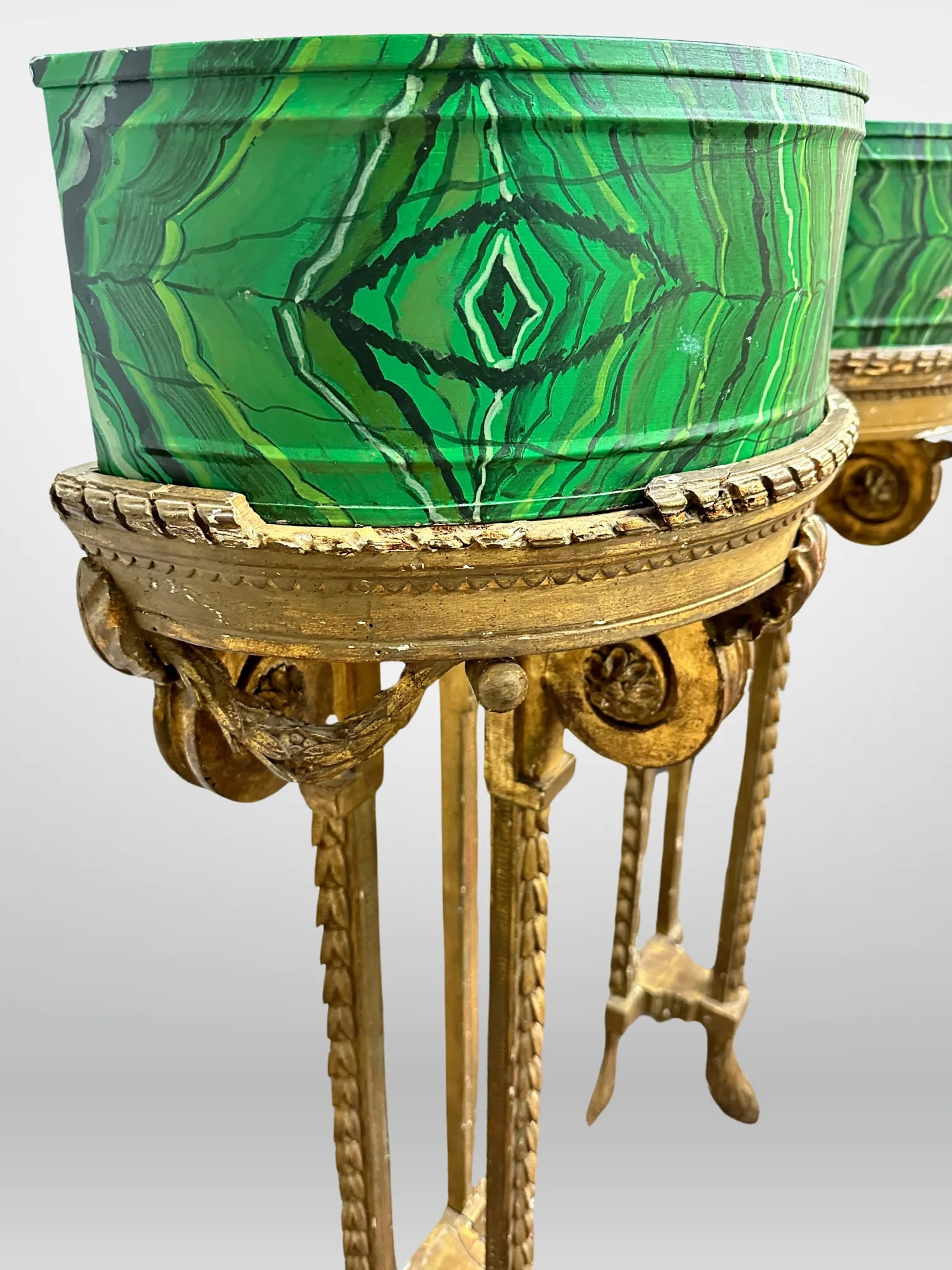 Louis XVI 19th Century Demilune Faux Malachite Tole Planters - a Pair - 5