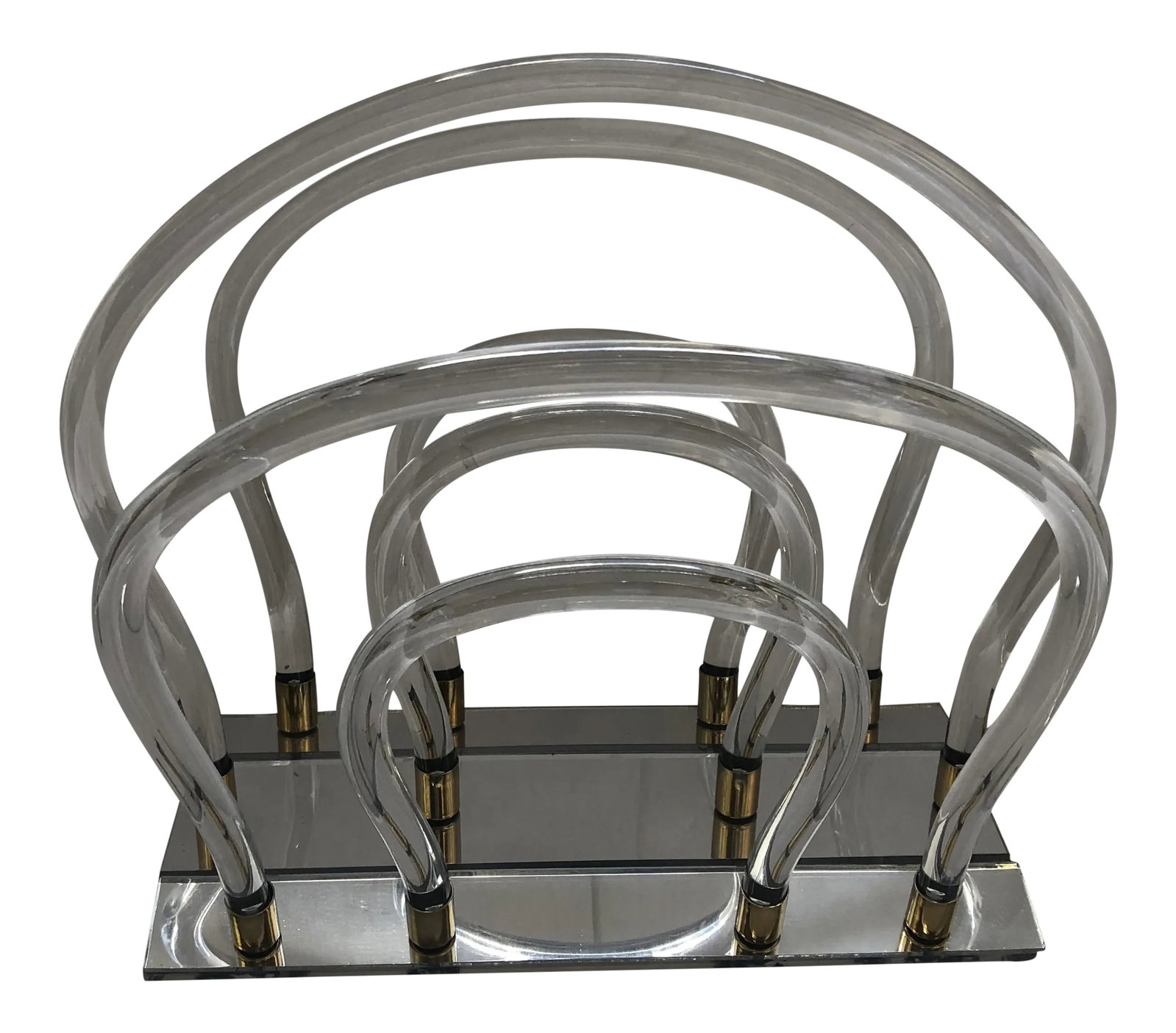Vintage Lucite Magazine Rack: Great vintage lucite magazine rack with accents of gold color by Dorothy Thorpe in perfect condition. Condition: Alterations: Restored Imperfections: Some Imperfections Condition Notes: No