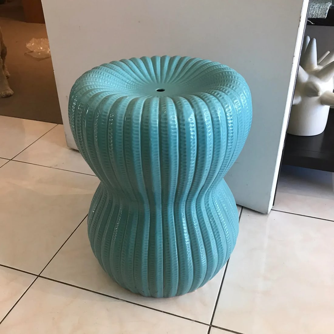 Turquoise Ribbed Hourglass Garden Stool - 2