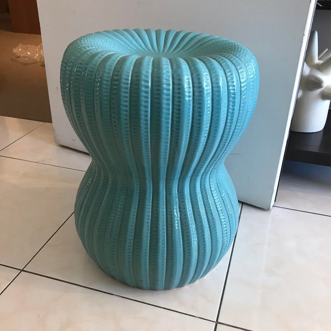 Turquoise Ribbed Hourglass Garden Stool - 3
