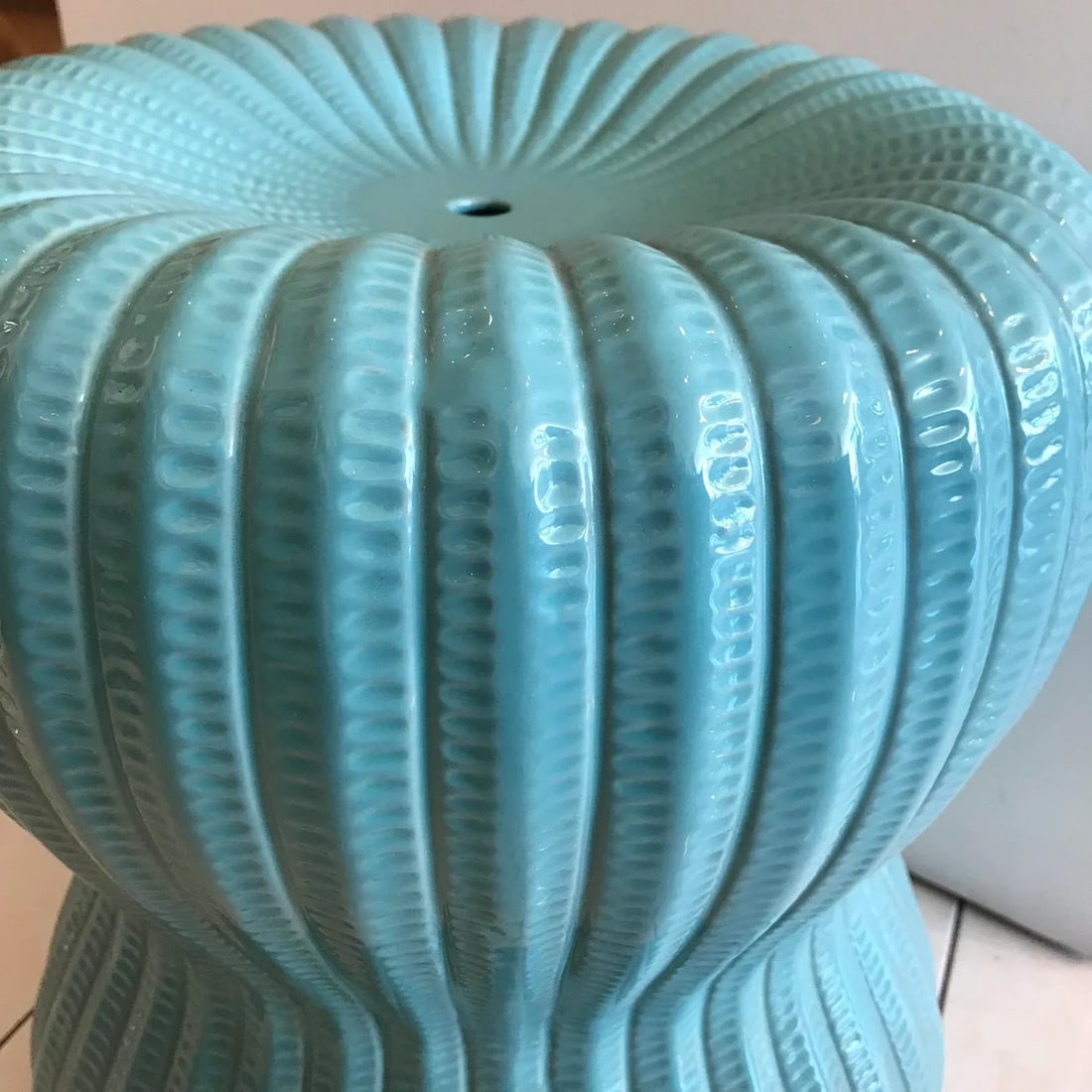 Turquoise Ribbed Hourglass Garden Stool - 4