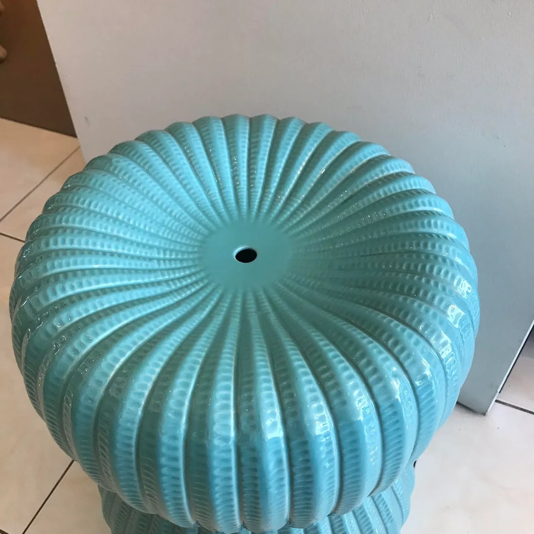 Turquoise Ribbed Hourglass Garden Stool - 6