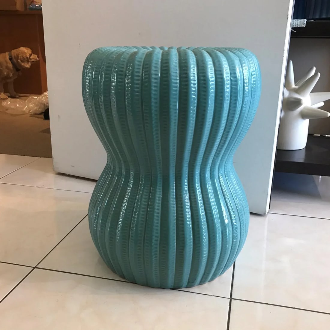 Turquoise Ribbed Hourglass Garden Stool - 9