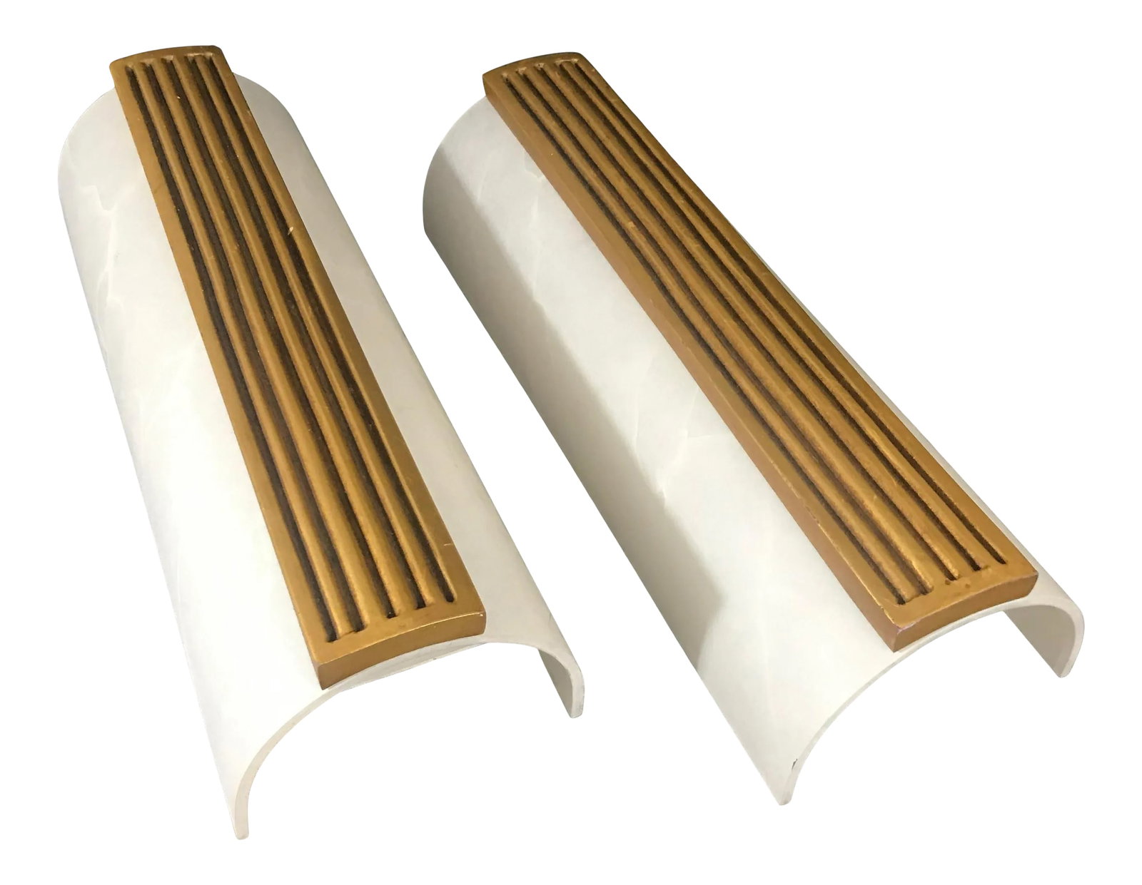 Sirmos Neoclassical Faux Alabaster Wall Sconces - a Pair: Wall Sconces by Sirmos circa 1980's. Half round cylinders in faux alabaster acrylic with gold fluted detail. Labeled on backplate. Condition: Alterations: Original Condition Unaltered Imperfections: