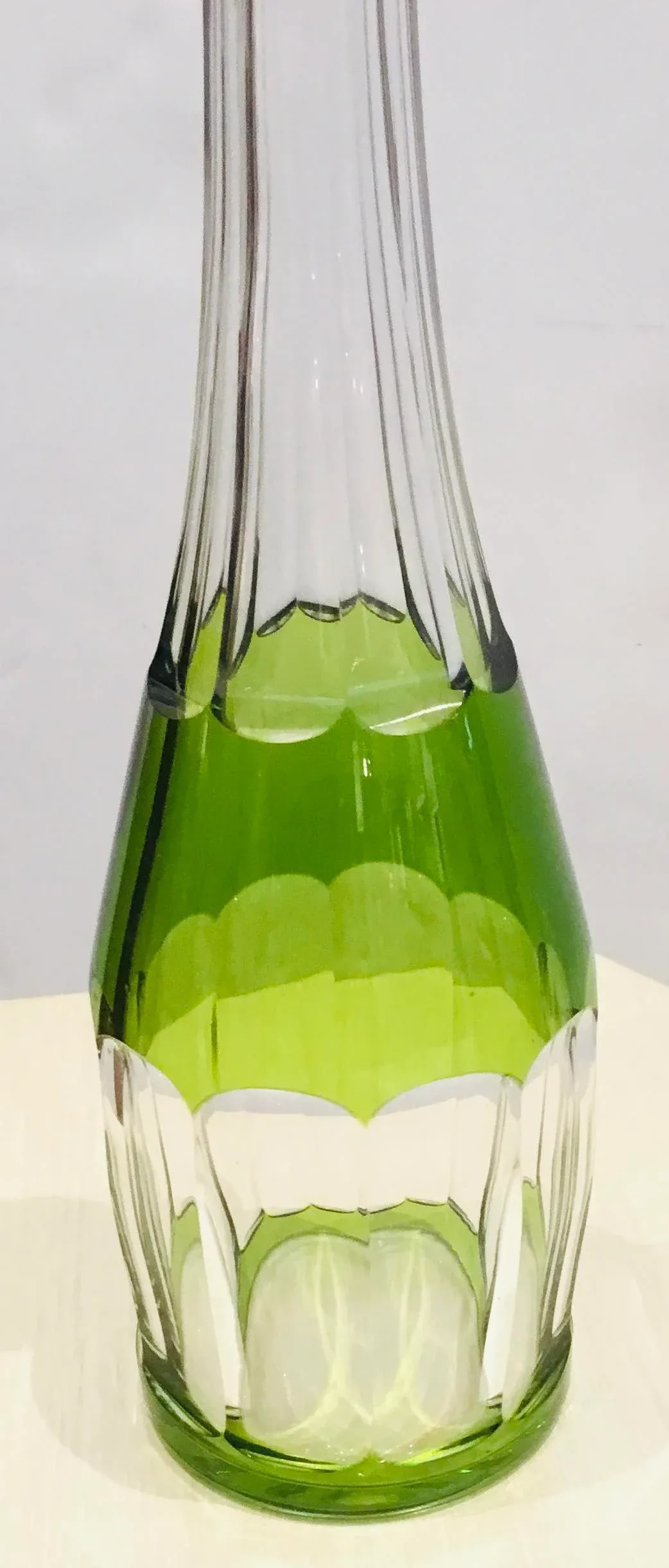 Vintage Art Deco Green Cut Glass Tall Decanter - 2