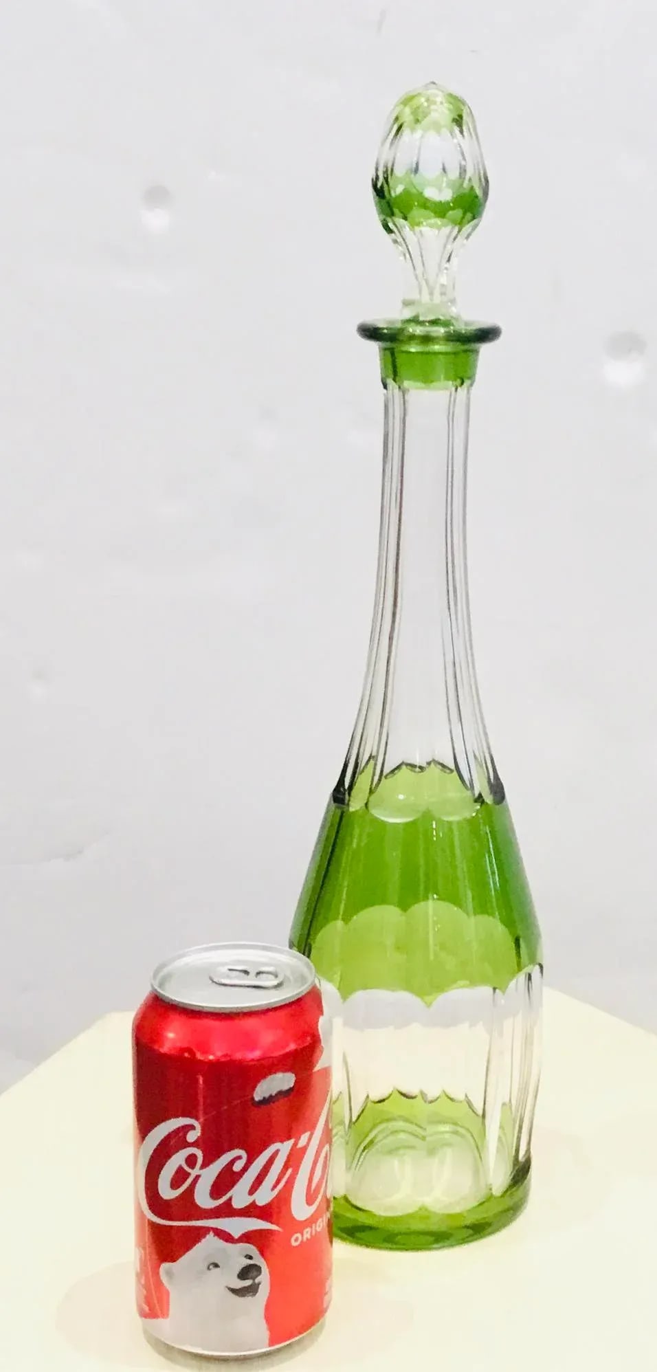Vintage Art Deco Green Cut Glass Tall Decanter - 3