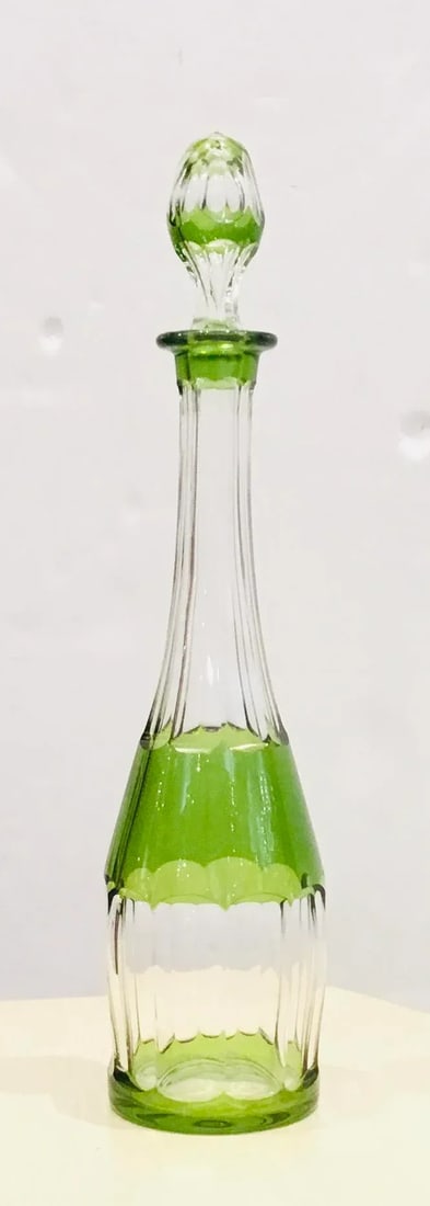 Vintage Art Deco Green Cut Glass Tall Decanter - 4