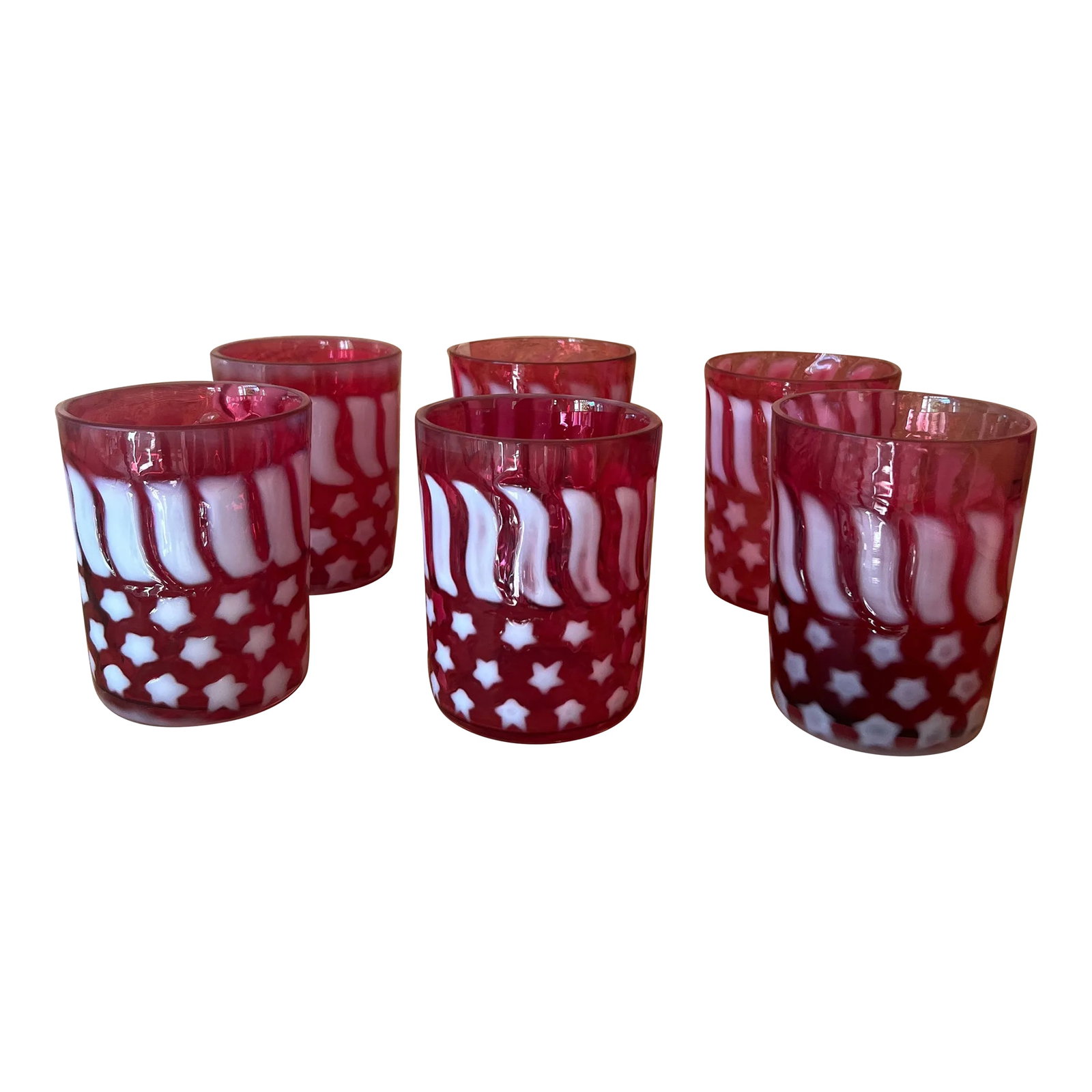 Vintage Fenton Cranberry Glass Stars and Stripes- Set of 6: Vintage Fenton Cranberry Glass Stars and Stripes- Set of 6 Condition: Alterations: Original Condition Unaltered Imperfections: Some Imperfections Condition Notes: Very good Origin: United States
