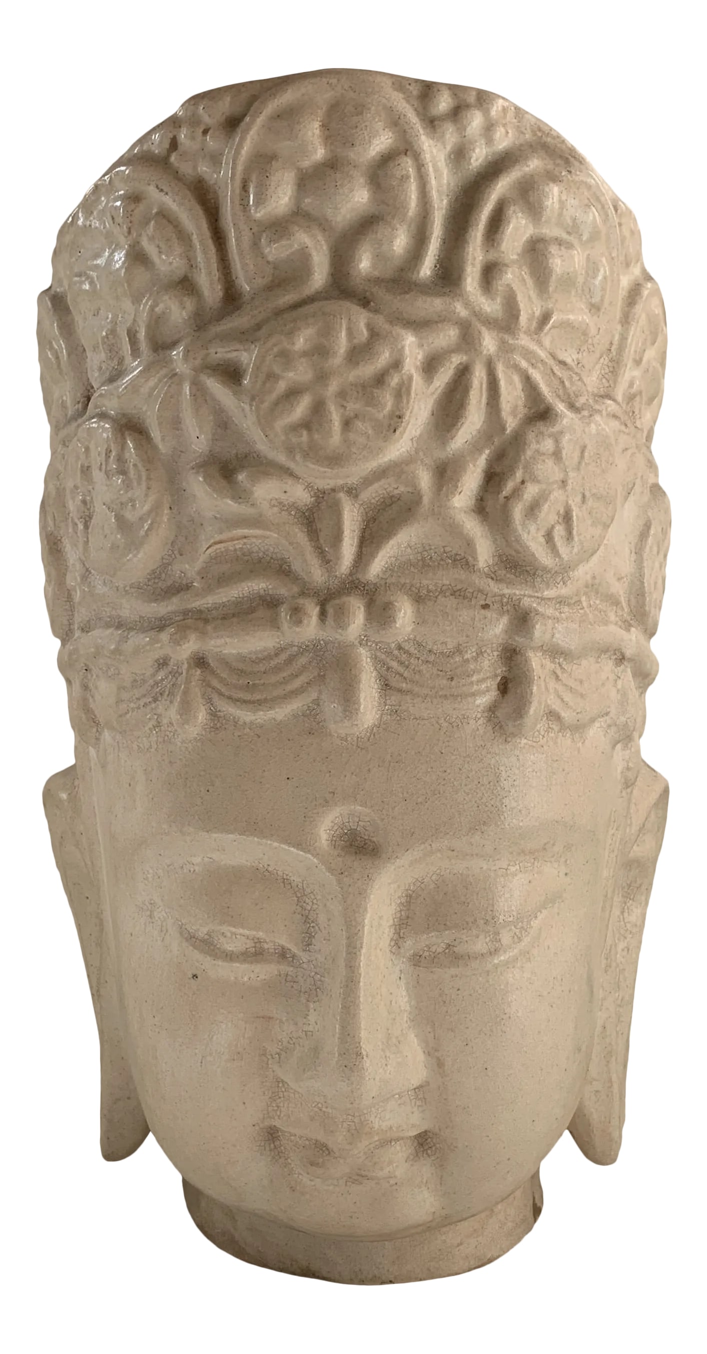 Ivory Majolica Quan Yin Buddha Head: Ivory Majolica terra cotta Quan Yin Buddha head with large floral amulet crown, made by the Yao hill tribe of the Hunan province. Some wear. Wax export stamp on head. Condition: Alterations: Original 