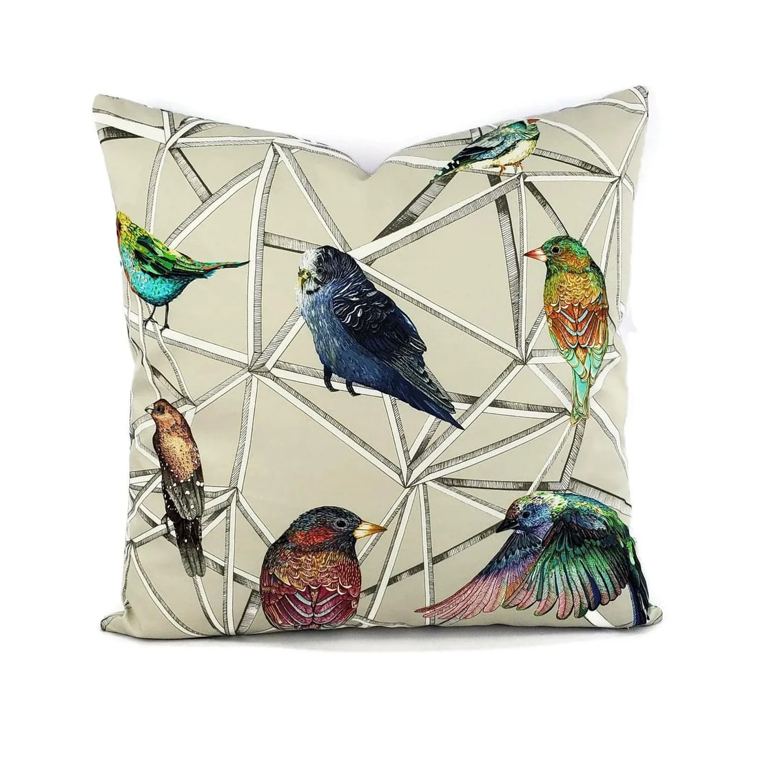 Scattered Rainbow Birds on Geometric Osborne and Little Aviary Fabric in Multi Pillow Cover - 20" X - 10
