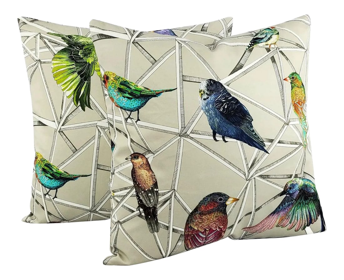 Scattered Rainbow Birds on Geometric Osborne and Little Aviary Fabric in Multi Pillow Cover - 20" X: From the Enchanted Gardens Collection by Osborne & Little is Aviary in the color Multi pillow cover. "Birds with colourful plumage perch on a stylised geometric structure. The English love affair