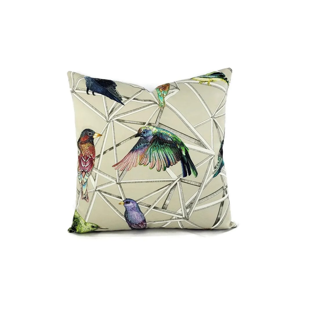 Scattered Rainbow Birds on Geometric Osborne and Little Aviary Fabric in Multi Pillow Cover - 20" X - 2
