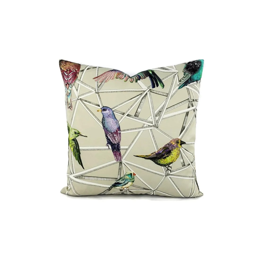 Scattered Rainbow Birds on Geometric Osborne and Little Aviary Fabric in Multi Pillow Cover - 20" X - 3