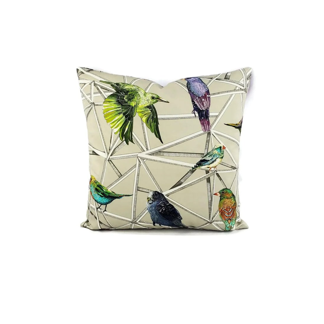 Scattered Rainbow Birds on Geometric Osborne and Little Aviary Fabric in Multi Pillow Cover - 20" X - 4