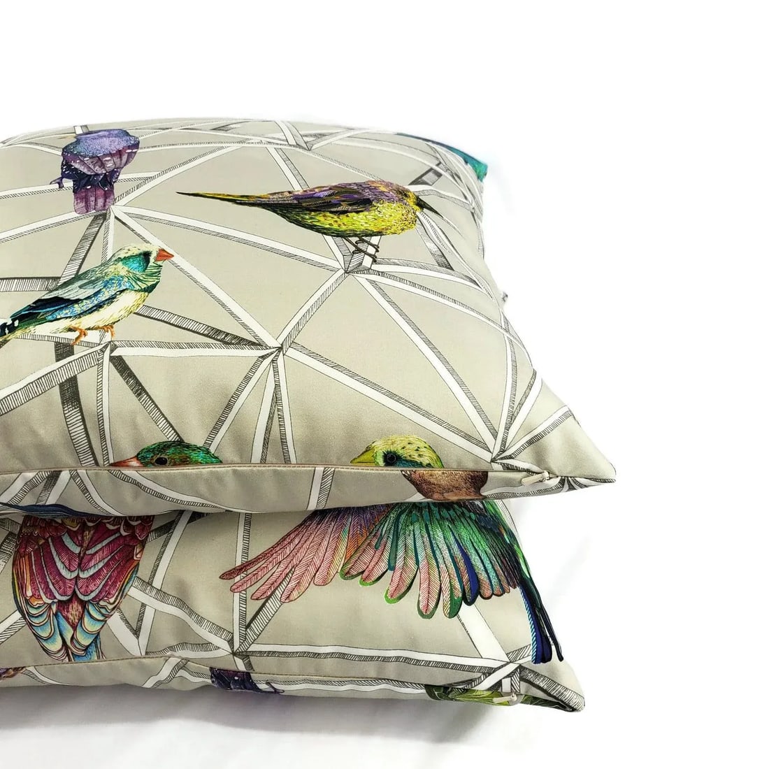 Scattered Rainbow Birds on Geometric Osborne and Little Aviary Fabric in Multi Pillow Cover - 20" X - 7