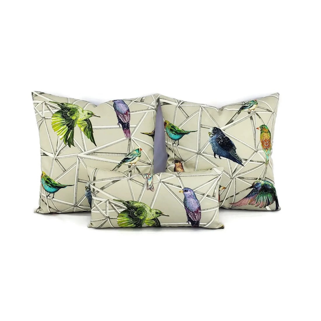 Scattered Rainbow Birds on Geometric Osborne and Little Aviary Fabric in Multi Pillow Cover - 20" X - 8