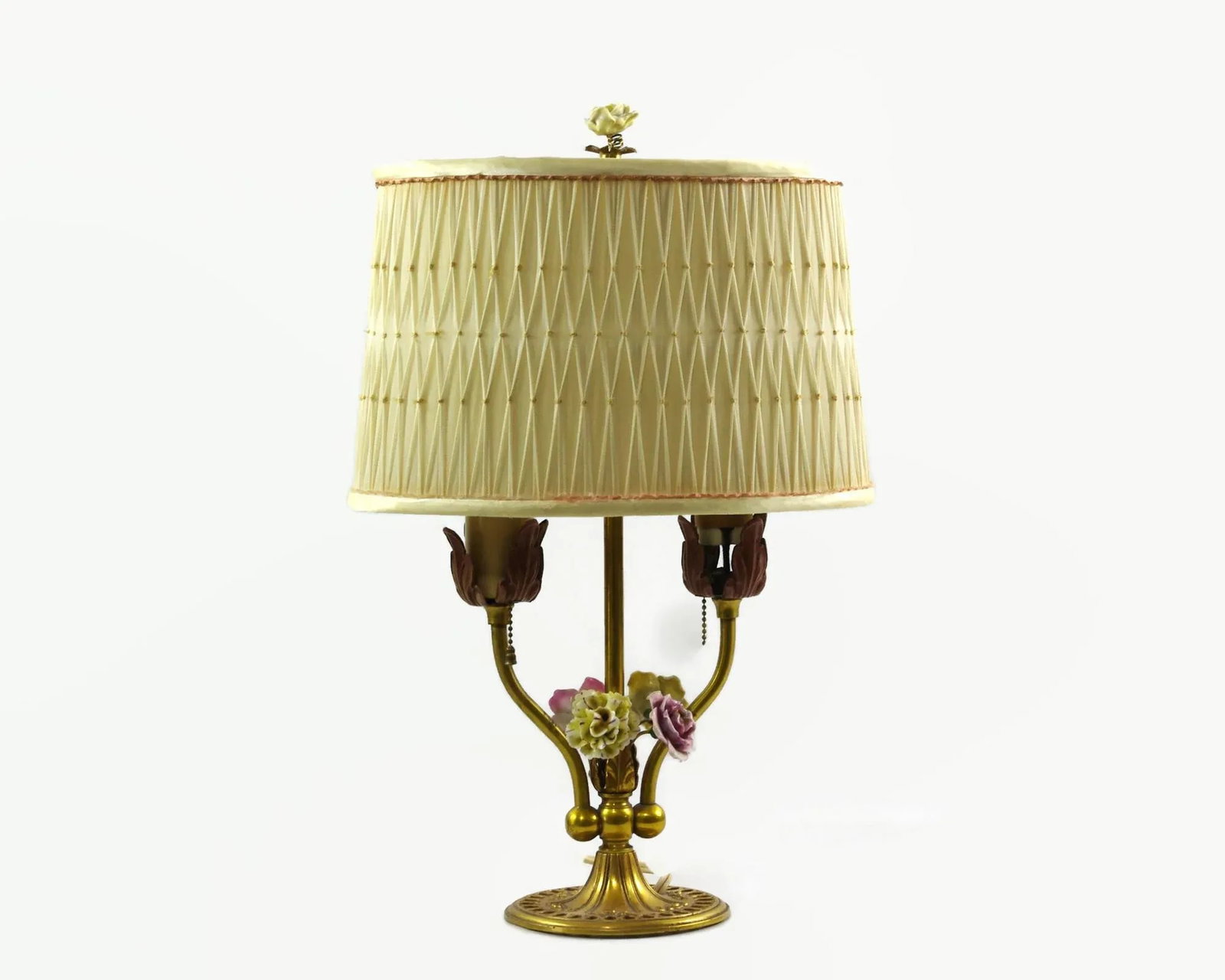 Vintage Bouillotte Style Brass Lamp With Porcelain Flowers and Pleated Shade - 11