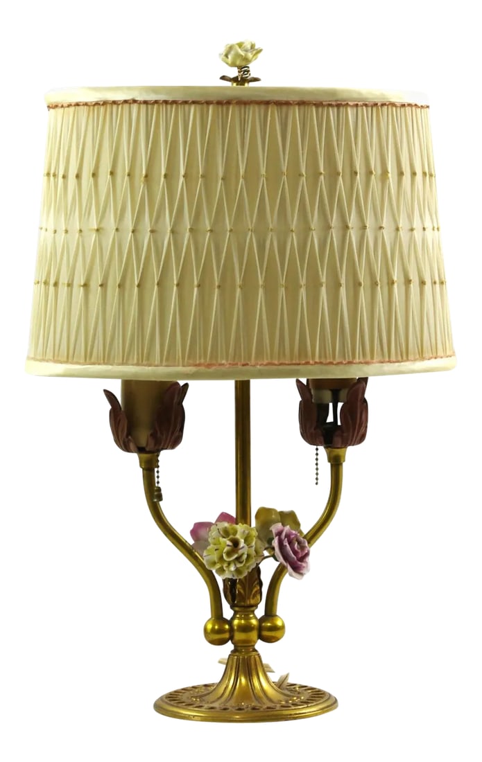 Vintage Bouillotte Style Brass Lamp With Porcelain Flowers and Pleated Shade (1 of 11)