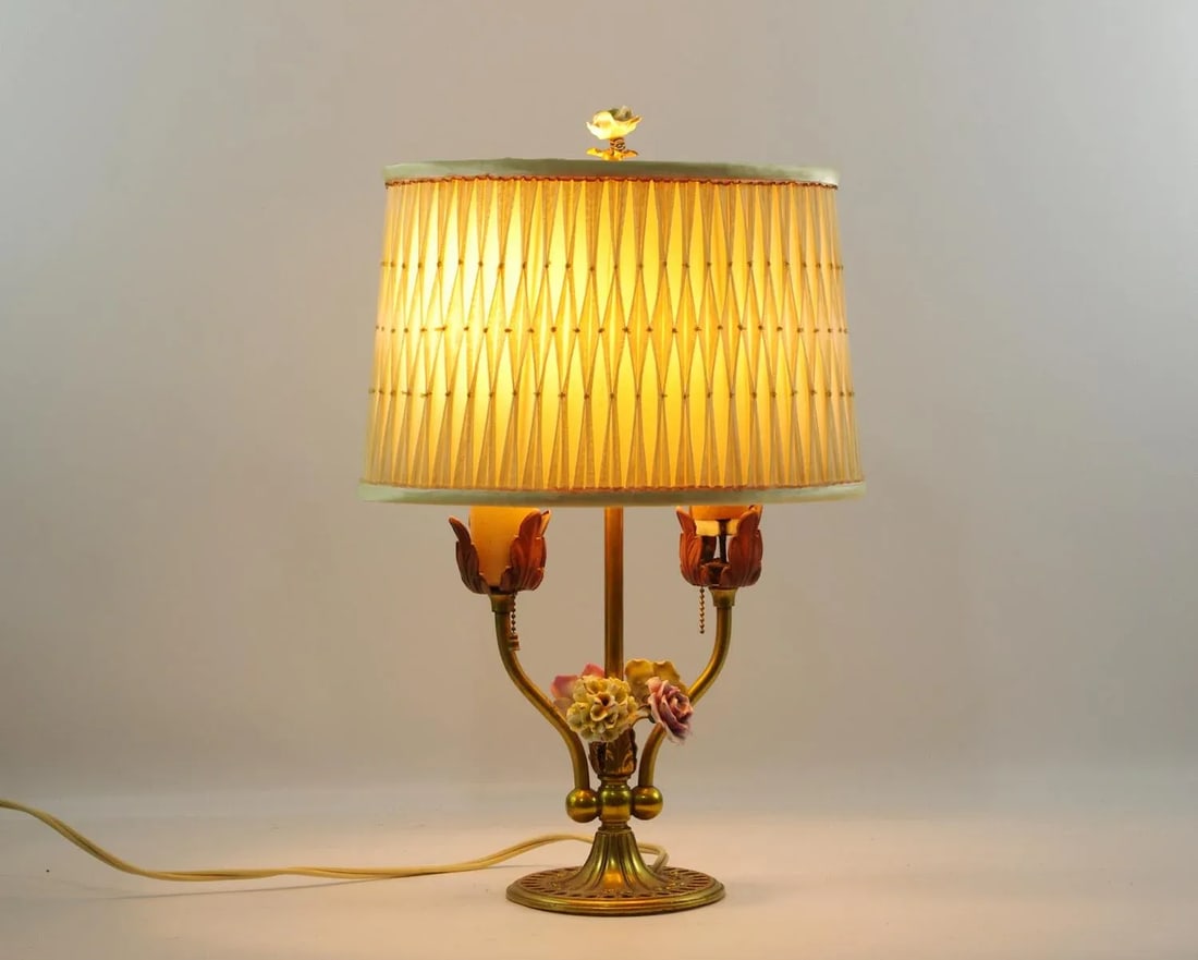 Vintage Bouillotte Style Brass Lamp With Porcelain Flowers and Pleated Shade - 2