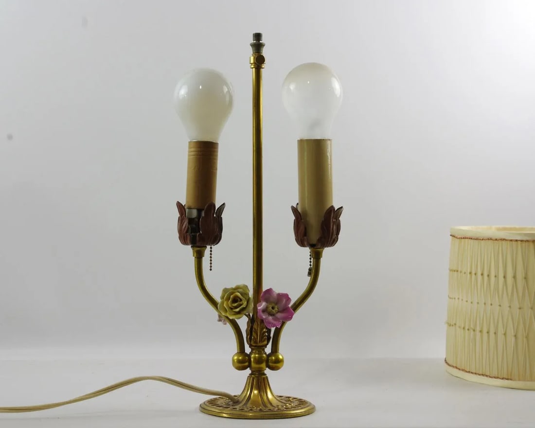 Vintage Bouillotte Style Brass Lamp With Porcelain Flowers and Pleated Shade - 3