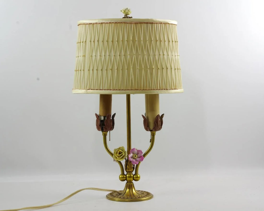 Vintage Bouillotte Style Brass Lamp With Porcelain Flowers and Pleated Shade - 4