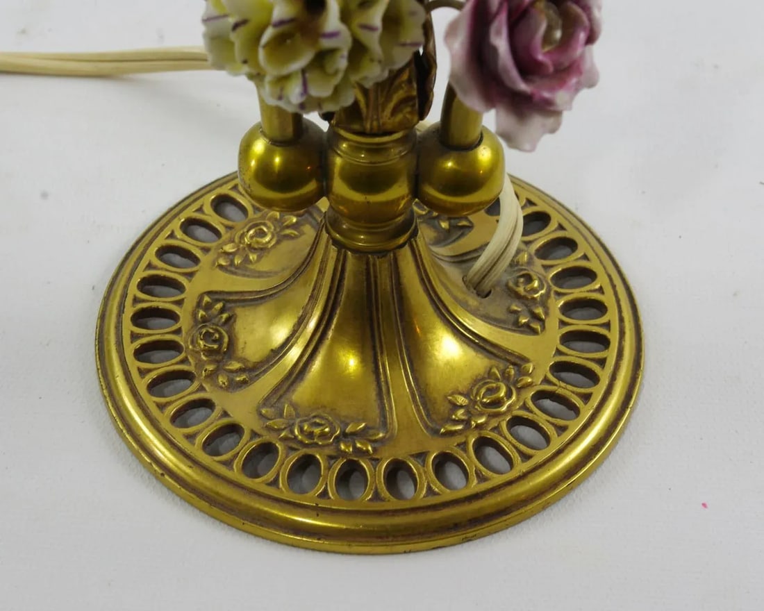 Vintage Bouillotte Style Brass Lamp With Porcelain Flowers and Pleated Shade - 5