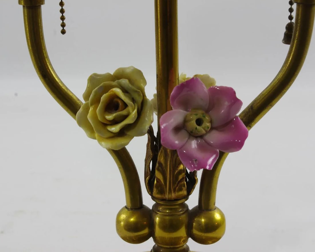 Vintage Bouillotte Style Brass Lamp With Porcelain Flowers and Pleated Shade - 6