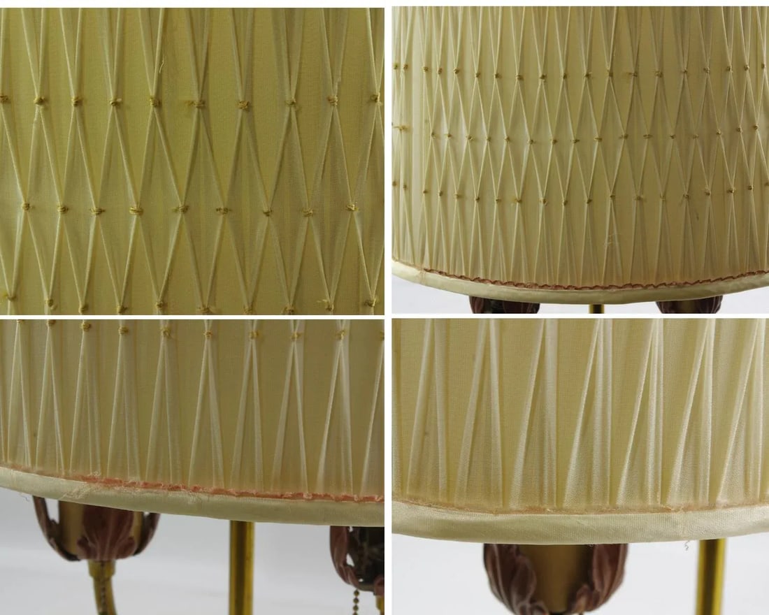 Vintage Bouillotte Style Brass Lamp With Porcelain Flowers and Pleated Shade - 9