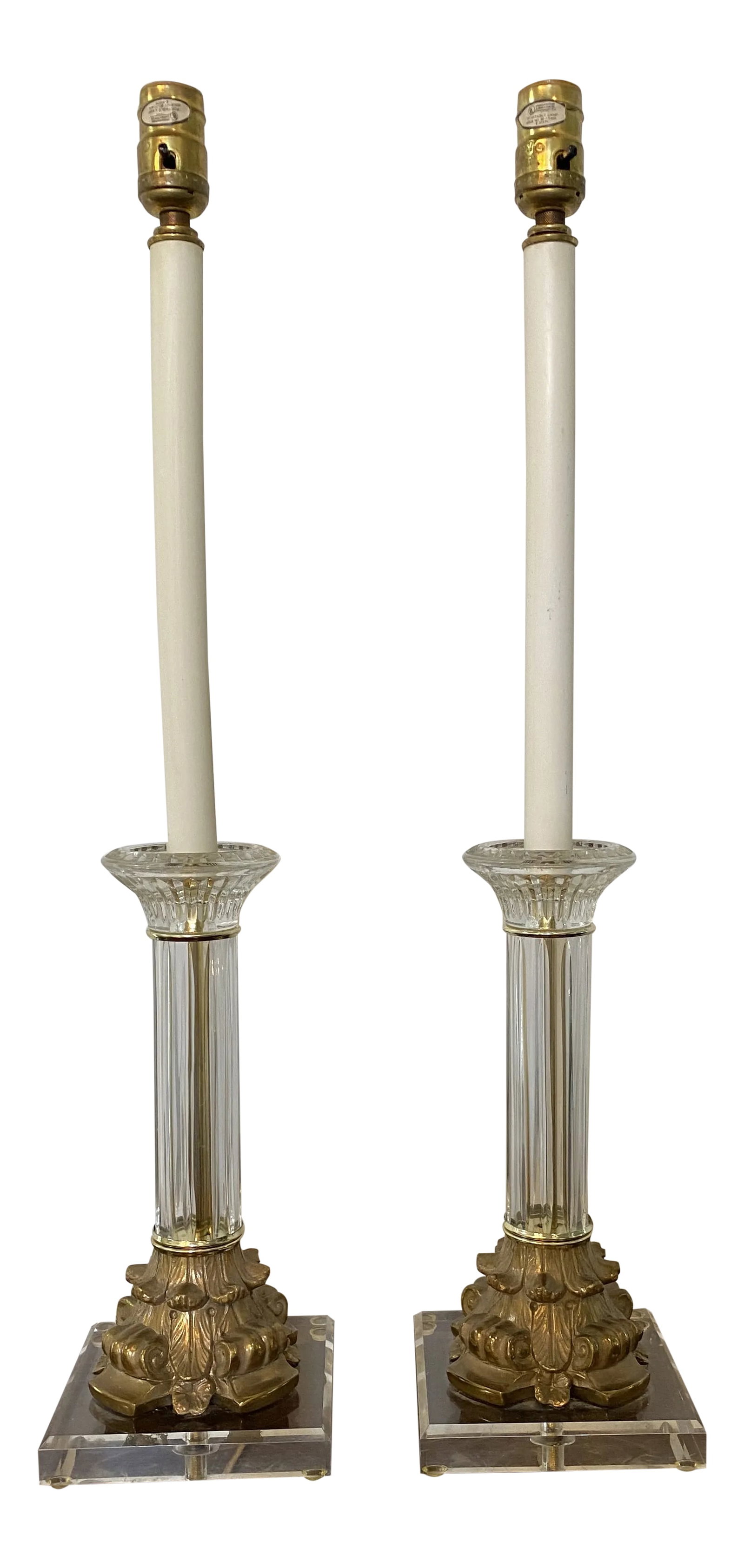 Lucite Brass Bronze Lamps - a Pair: Striking pair of high quality crystal and solid cast brass or bronze lamps with chunky lucite bases. I can just see them with high gloss turquoise drum shades next to a bed or on a