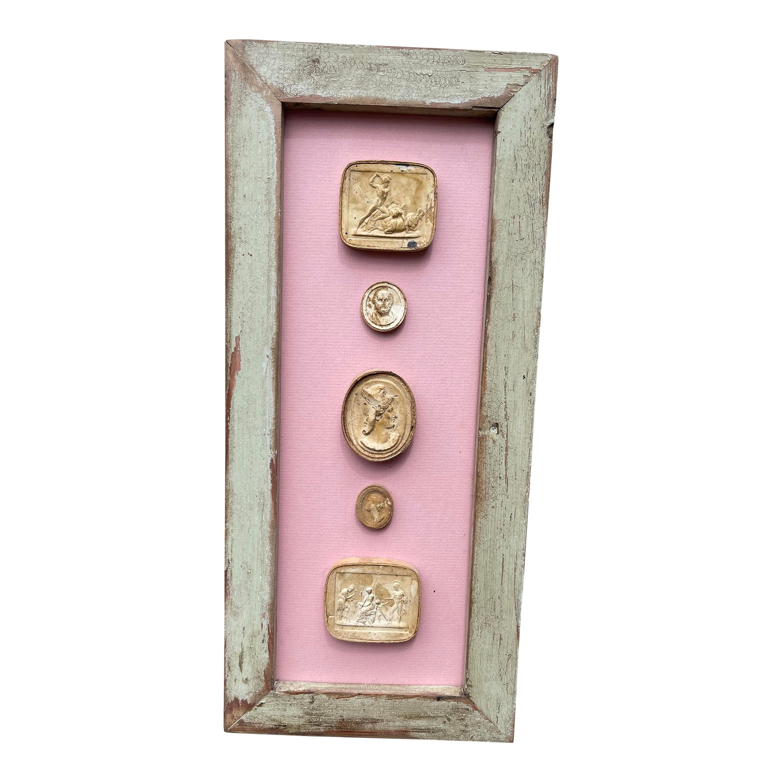 Classical Framed Grand Tour Style 5 Intaglios in 1880s Pine Frame: Immerse yourself in the enduring allure of classical antiquity with this truly unique collection of framed intaglios. These meticulously crafted plaster of Paris casts are taken directly from