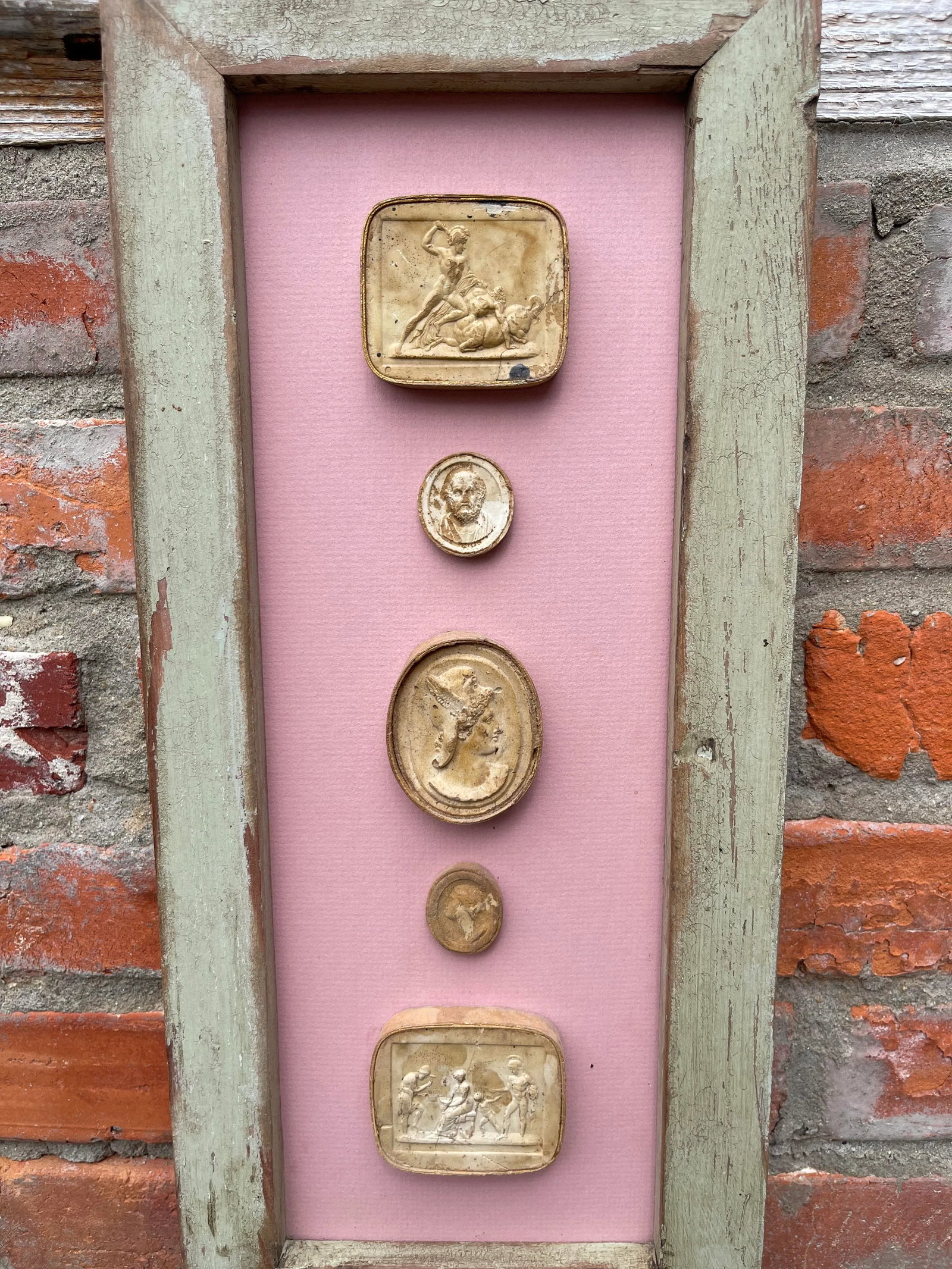 Classical Framed Grand Tour Style 5 Intaglios in 1880s Pine Frame - 7