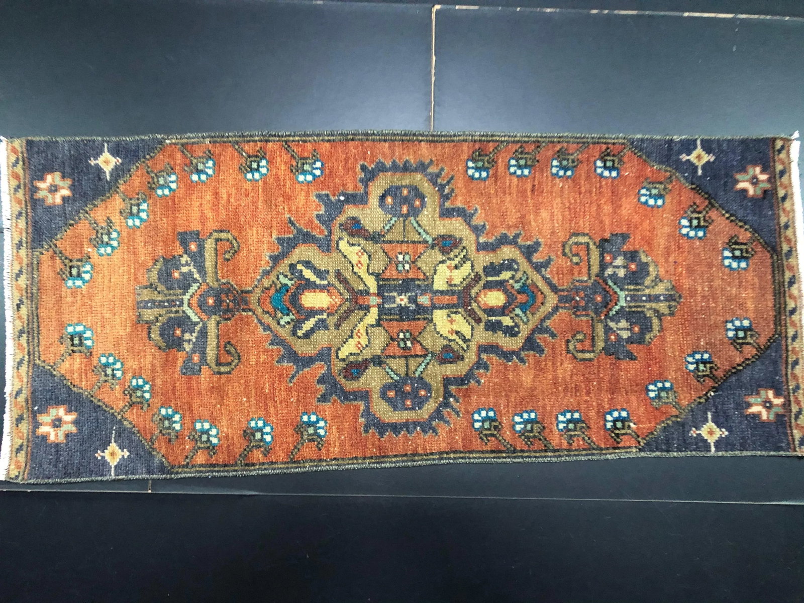 Vintage Floral Design Turkish Handmade Orange Small Rug - 2