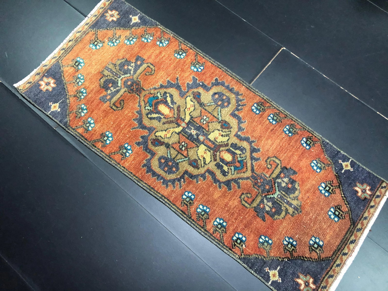 Vintage Floral Design Turkish Handmade Orange Small Rug - 3