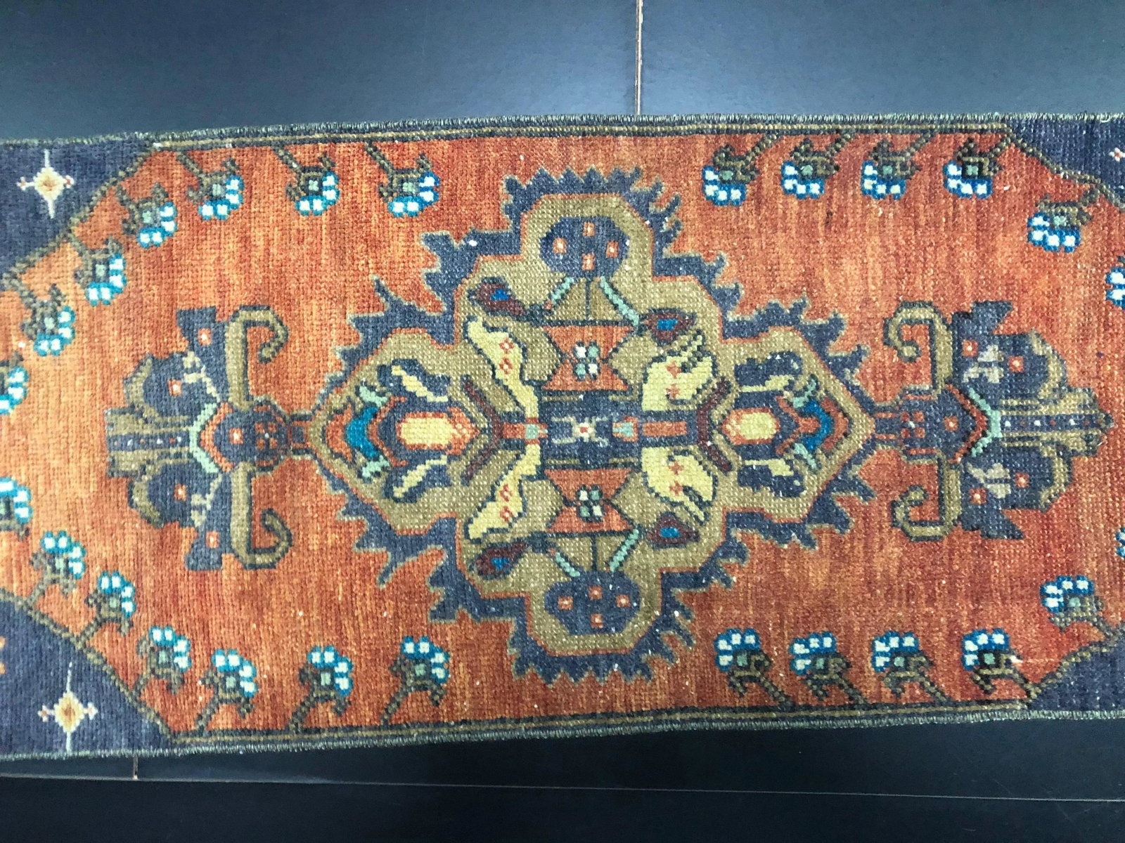 Vintage Floral Design Turkish Handmade Orange Small Rug - 4