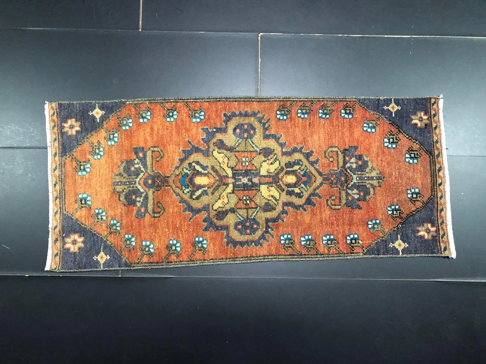 Vintage Floral Design Turkish Handmade Orange Small Rug - 6