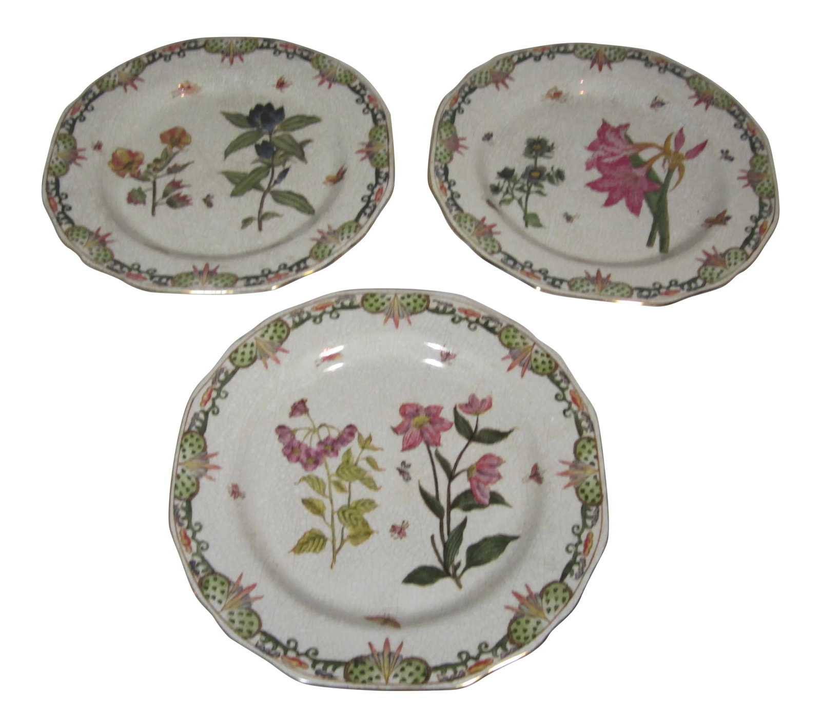 Floral Motif Decorative Plates - Set of 3: Set of three decorative floral plates. They havecrackle backgrounds with Handpainted colorful floral centers and floral boarders. The plates have holes on the backs for wires to hang on the wall if