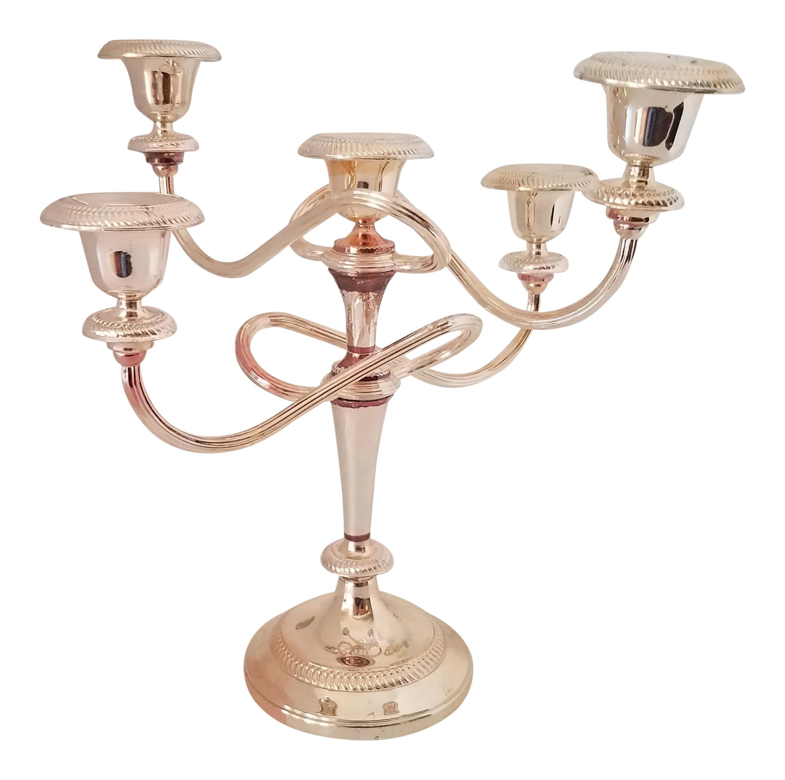 Vintage Silver on Copper Five Arm Convertible Candelabra: Vintage Silver on Copper Five Arm Convertible Candelabra. This is Beautiful and Elegant. Holds 5 Votive Candles, and You Can Move it around to suit Your Purpose. Dress up Your Dinner Table and Wow