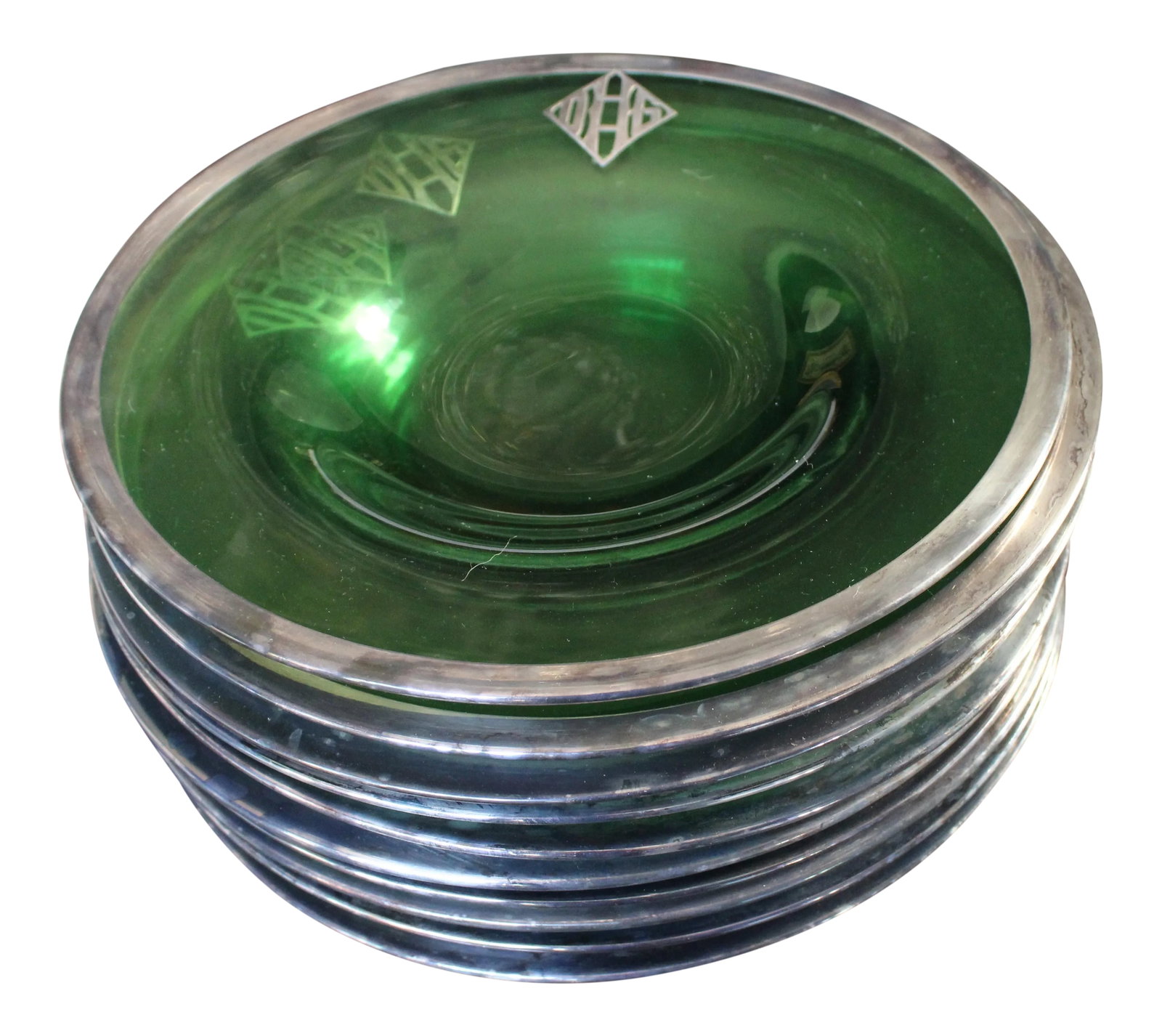 Silver Embossed Green Depression Glass 10 Serving Plate or Shallow Bowls: CORRECTION TO SHIPPING TIME, THIS IS SELLER SHIPPING, ARRIVAL TIME IS 4-10 DAYS FROM PURCHASE DATE. Heavy glass, a plate with depth allowing for soup (?). Green with heavily embossed silver or