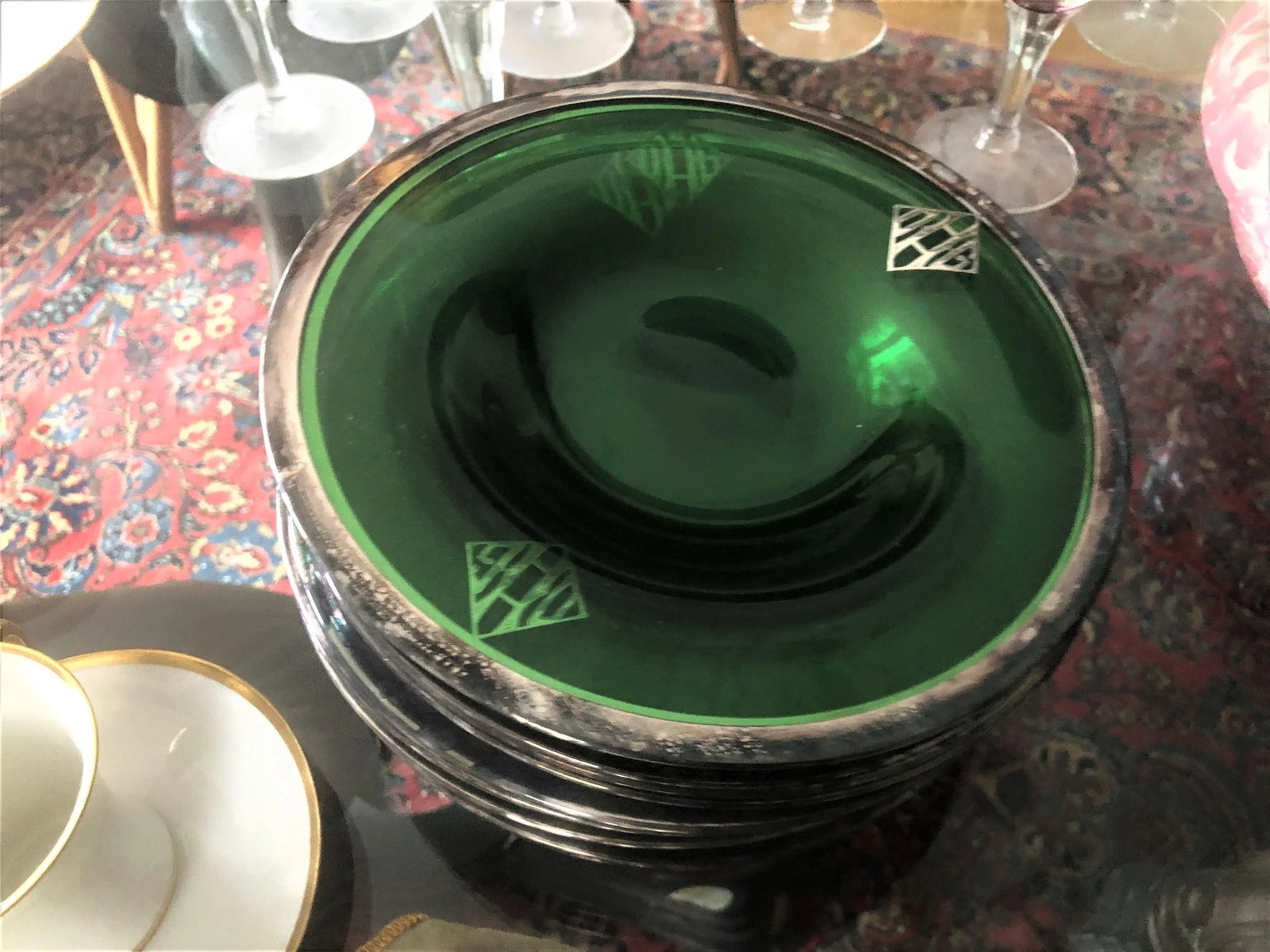 Silver Embossed Green Depression Glass 10 Serving Plate or Shallow Bowls - 2