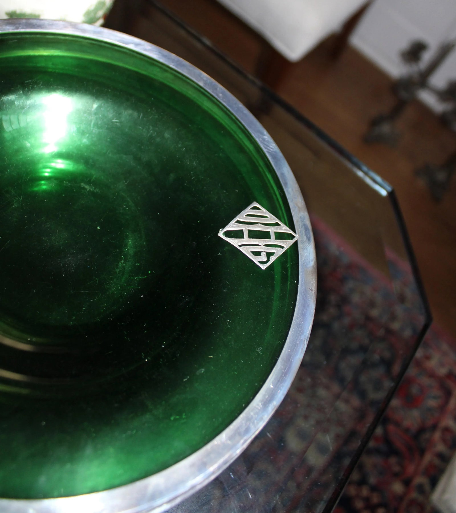 Silver Embossed Green Depression Glass 10 Serving Plate or Shallow Bowls - 3
