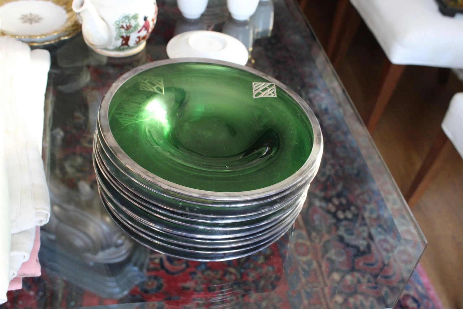 Silver Embossed Green Depression Glass 10 Serving Plate or Shallow Bowls - 5