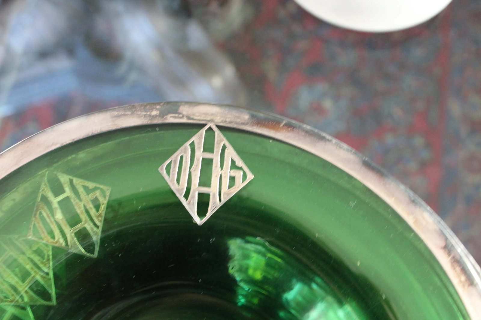 Silver Embossed Green Depression Glass 10 Serving Plate or Shallow Bowls - 6